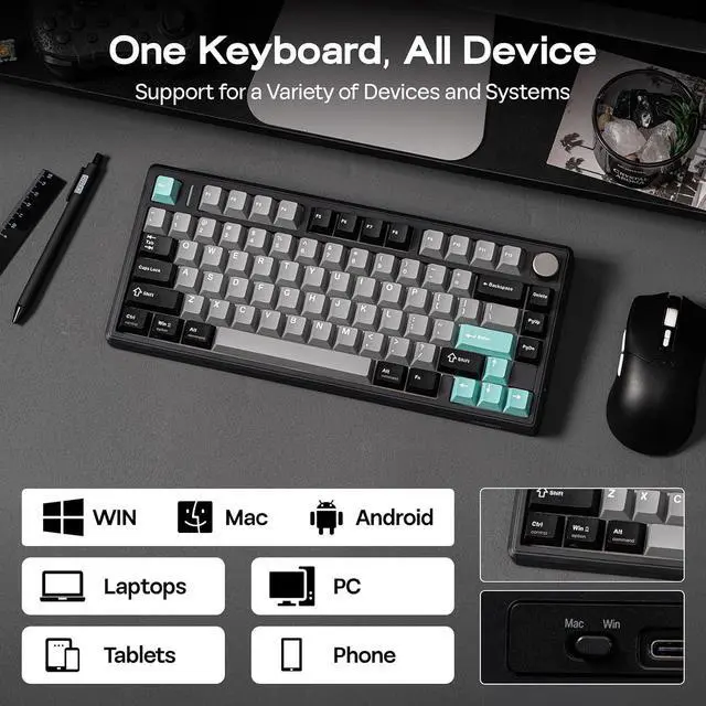 Alt view image 13 of 14 - TH80 V2 75% Wireless Mechanical Keyboard with Metal Knob, 8000mAh, 2.4Ghz/BT/USB-C, RGB, Hot Swap, Custom Driver, PBT Keycap, Wireless Gaming Keyboard for PC/Mac (Black, Sea Salt Silent)
