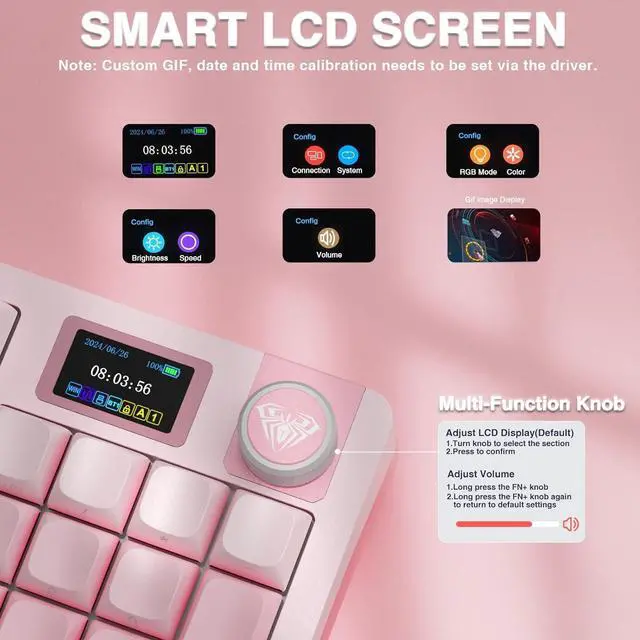 Alt view image 10 of 14 - AULA S98 Pro Wireless Mechanical Keyboard with Screen & Knob,2.4GHz/USB-C/BT5.0 Hot Swappable Pink Creamy Keyboard,Pre-lubed Linear Switches,Side Printed PBT Keycaps,RGB Backlit Gaming Keyboards