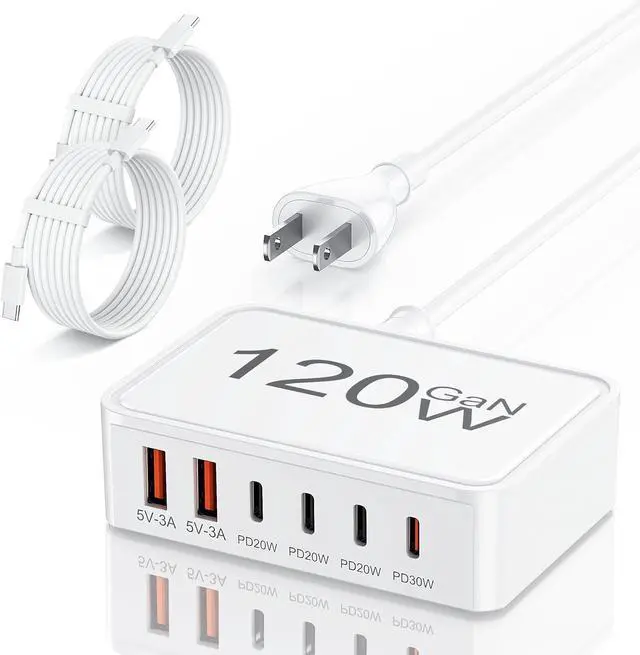 Main image of USB C Charger Block 120W GaN 6-Port Charging Station 5FT Cord Type C Charger Fast Charging for iPhone 17/16/15/14 iPad Galaxy Pixel etc