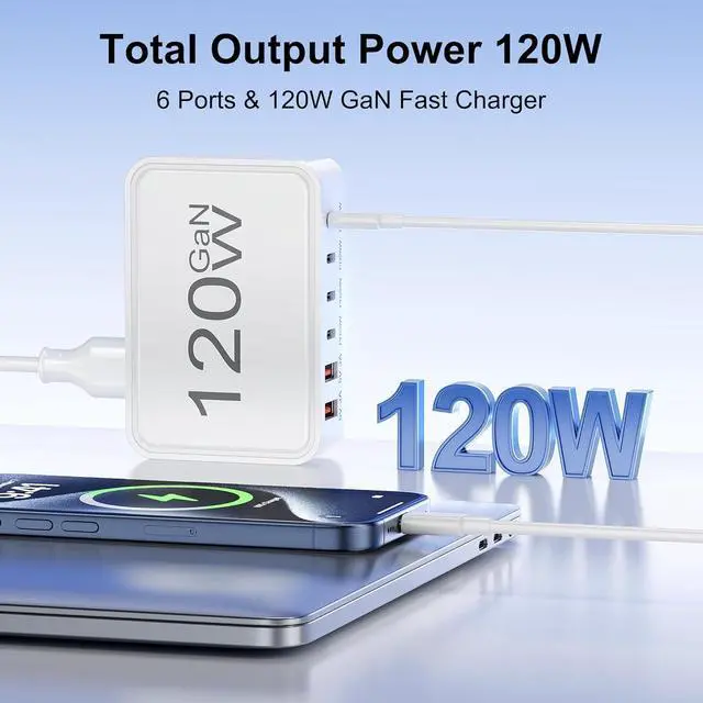Alt view image 2 of 7 - USB C Charger Block 120W GaN 6-Port Charging Station 5FT Cord Type C Charger Fast Charging for iPhone 17/16/15/14 iPad Galaxy Pixel etc