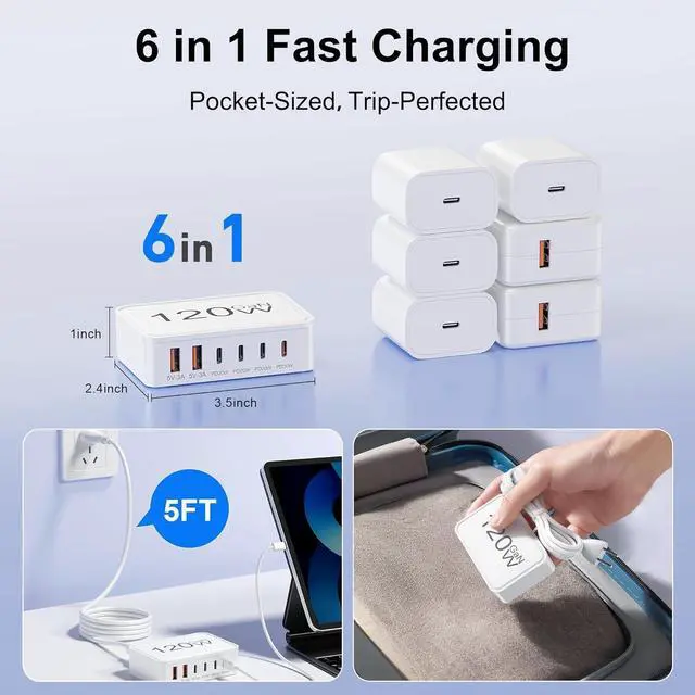Alt view image 5 of 7 - USB C Charger Block 120W GaN 6-Port Charging Station 5FT Cord Type C Charger Fast Charging for iPhone 17/16/15/14 iPad Galaxy Pixel etc