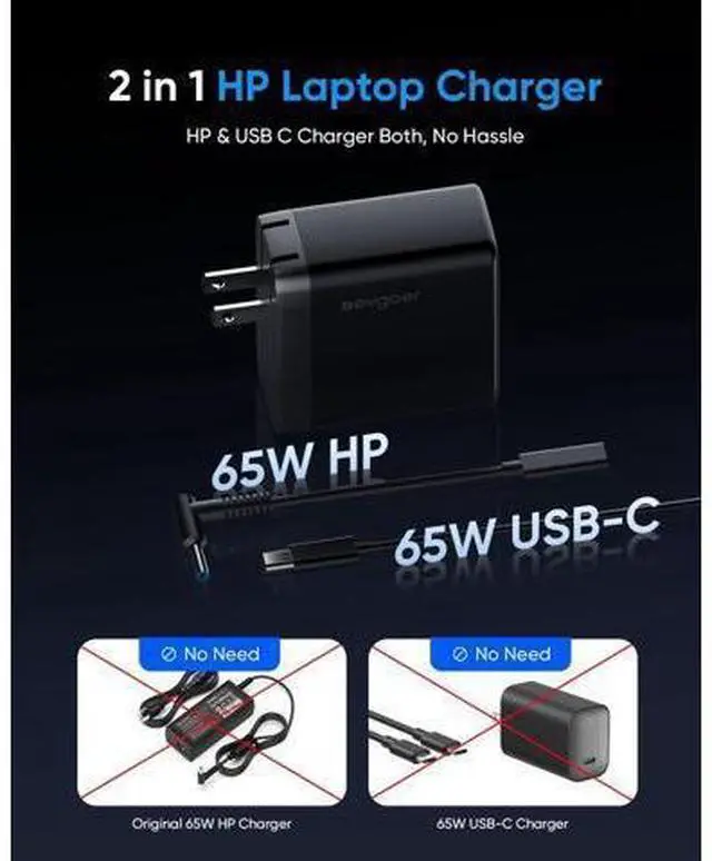 Alt view image 11 of 14 - 65W HP Laptop Charger Computer Charger for HP Chrombook/Pavilion/Envy/ProBook/EliteBook Compatible with HP USB-C 44W Smart Blue Tip Power Adapter (4.5mm)