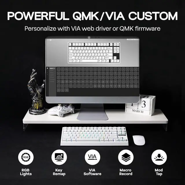 Alt view image 10 of 14 - G84 80% RGB Gaming Mechanical Keyboard, 2.4GHz/ Type-C/BT Wireless Keyboard, QMK/VIA Programmable, Hot-Swappable, NKRO, with Shine Through PBT Keycaps for Gamers (White, Creamy Jade Switch)