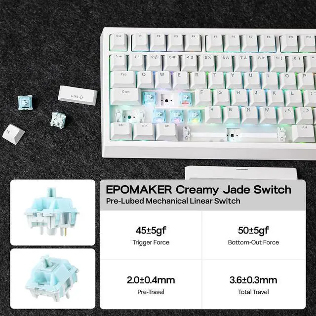 Alt view image 14 of 14 - G84 80% RGB Gaming Mechanical Keyboard, 2.4GHz/ Type-C/BT Wireless Keyboard, QMK/VIA Programmable, Hot-Swappable, NKRO, with Shine Through PBT Keycaps for Gamers (White, Creamy Jade Switch)