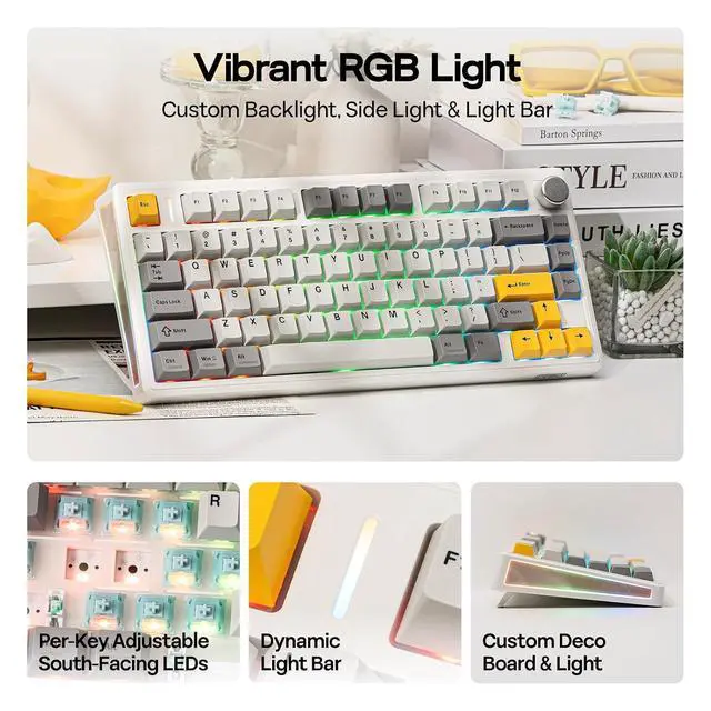 Alt view image 11 of 14 - TH80 V2 75% Wireless Mechanical Keyboard with Metal Knob, 8000mAh, 2.4Ghz/BT/USB-C, RGB, Hot Swap, Custom Driver, PBT Keycap, Wireless Gaming Keyboard for PC/Mac (White, Sea Salt Silent)