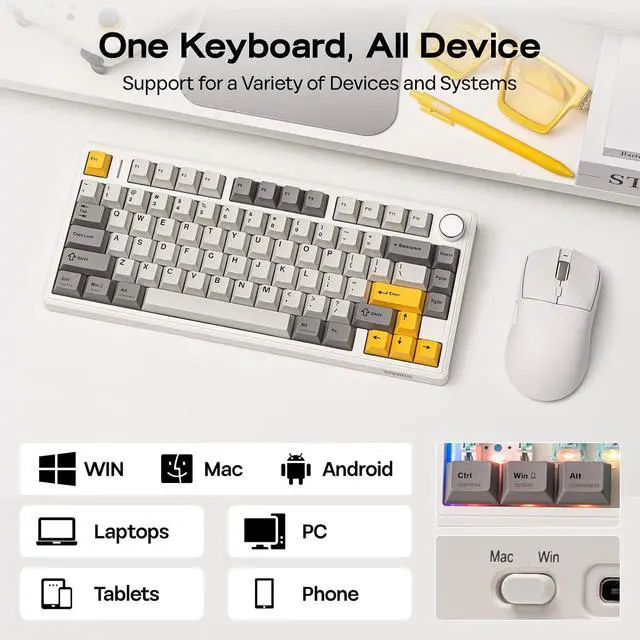 Alt view image 13 of 14 - TH80 V2 75% Wireless Mechanical Keyboard with Metal Knob, 8000mAh, 2.4Ghz/BT/USB-C, RGB, Hot Swap, Custom Driver, PBT Keycap, Wireless Gaming Keyboard for PC/Mac (White, Sea Salt Silent)