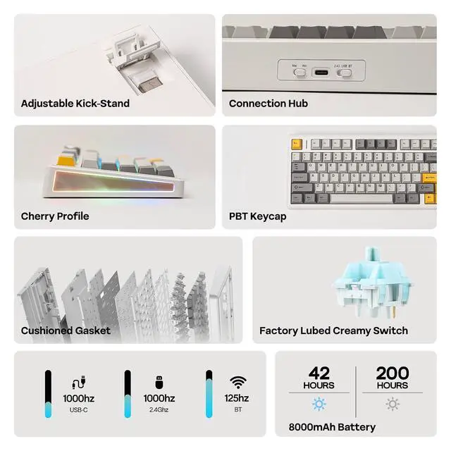 Alt view image 10 of 14 - TH80 V2 75% Wireless Mechanical Keyboard with Metal Knob, 8000mAh, 2.4Ghz/BT/USB-C, RGB, Hot Swap, Custom Driver, PBT Keycap, Wireless Gaming Keyboard for PC/Mac (White, Creamy Jade)