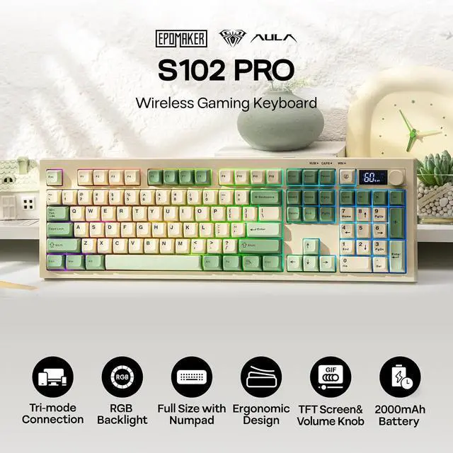 Alt view image 9 of 14 - Aula S102 PRO Membrane Gaming Keyboard with TFT Screen, Volume Knob & Number Pad, BT/2.4G/USB, RGB Backlit, Creamy Silicone Structure, Silent Keyboard for PC Game/Office (Yellow)