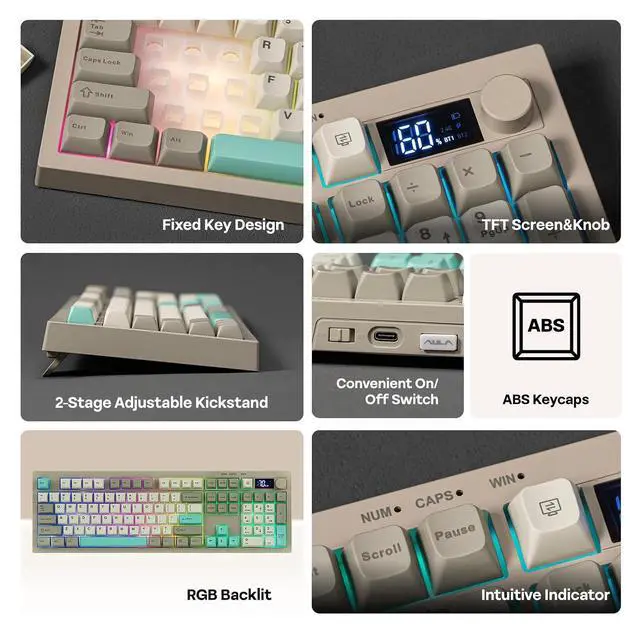 Alt view image 10 of 14 - Aula S102 PRO Membrane Gaming Keyboard with TFT Screen, Volume Knob & Number Pad, BT/2.4G/USB, RGB Backlit, Creamy Silicone Structure, Silent Keyboard for PC Game/Office (Grey)