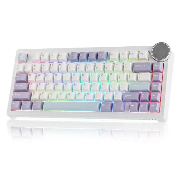Alt view image 8 of 14 - AJAZZ AK820 V2 Tri-Mode Mechanical Gaming Keyboard, Big Knob, 2.4Ghz/BT Wireless, Hot-Swap, PBT Keycap, 5-Layered Gasket, Thocky Switch, 75% Gaming Keyboard (White Purple, Coconut Cream)