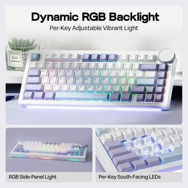 Alt view image 10 of 14 - AJAZZ AK820 V2 Tri-Mode Mechanical Gaming Keyboard, Big Knob, 2.4Ghz/BT Wireless, Hot-Swap, PBT Keycap, 5-Layered Gasket, Thocky Switch, 75% Gaming Keyboard (White Purple, Coconut Cream)