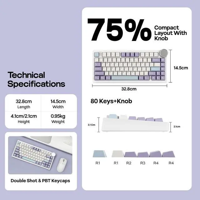 Alt view image 14 of 14 - AJAZZ AK820 V2 Tri-Mode Mechanical Gaming Keyboard, Big Knob, 2.4Ghz/BT Wireless, Hot-Swap, PBT Keycap, 5-Layered Gasket, Thocky Switch, 75% Gaming Keyboard (White Purple, Coconut Cream)
