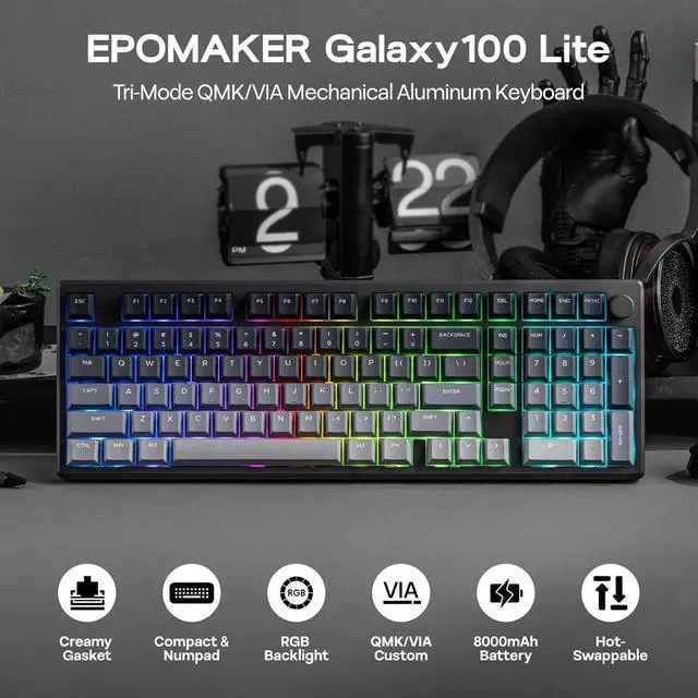Alt view image 9 of 14 - Galaxy100 Lite QMK/VIA Gaming Keyboard with 8000mAh Battery and Numpad+Crystal Tactile Silent Mechanical Keyboard Switches Set