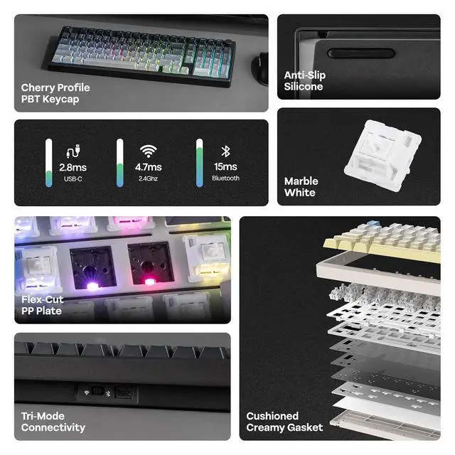 Alt view image 10 of 14 - Galaxy100 Lite QMK/VIA Gaming Keyboard with 8000mAh Battery and Numpad+Crystal Tactile Silent Mechanical Keyboard Switches Set