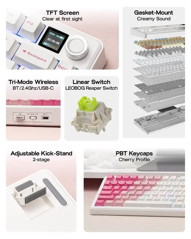 Alt view image 9 of 14 - X Aula F75 MAX Wireless Mechanical Keyboard with TFT Screen and Knob+Crystal Tactile Silent Mechanical Keyboard Switches Set