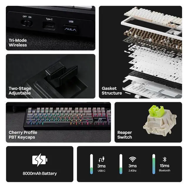 Alt view image 10 of 14 - X Aula F108 PRO Wireless Gaming Keyboard with Screen+Cream Marble 47gf Gaming Keyboard Switches