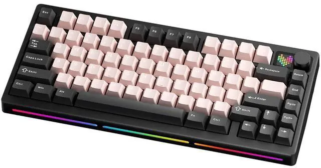 Alt view image 8 of 14 - PMOKEY P75 75% Wireless Mechanical Keyboard, Tri-Mode RGB Gaming Keyboard with Dot-Matrix Display, Aluminum Alloy Body, Volume Knob, Up to 10000mAh Battery (Standard Black Pink)
