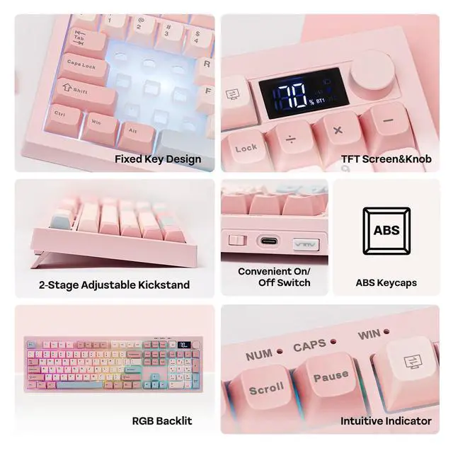 Alt view image 10 of 14 - Aula S102 PRO Membrane Gaming Keyboard with TFT Screen, Volume Knob & Number Pad, BT/2.4G/USB, RGB Backlit, Creamy Silicone Structure, Silent Keyboard for PC Game/Office (Pink)