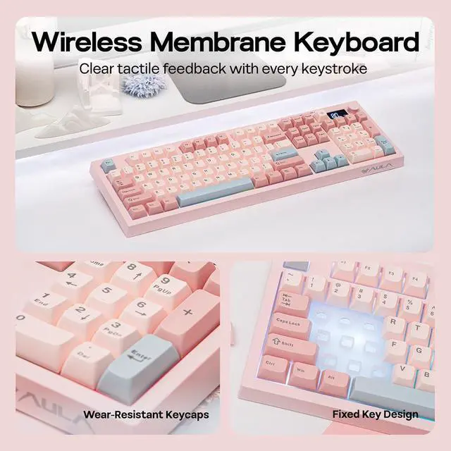 Alt view image 13 of 14 - Aula S102 PRO Membrane Gaming Keyboard with TFT Screen, Volume Knob & Number Pad, BT/2.4G/USB, RGB Backlit, Creamy Silicone Structure, Silent Keyboard for PC Game/Office (Pink)