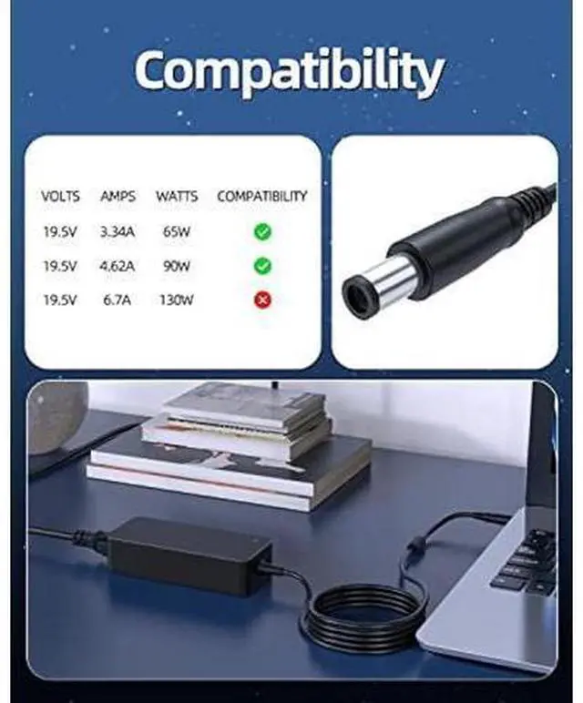 Alt view image 10 of 14 - 90W 65W AC Charger Fit for Dell Inspiron 3521 3646 15 Laptop Power Supply Adapter Cord