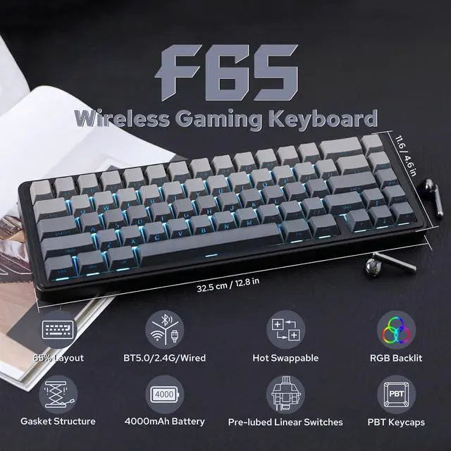 Alt view image 9 of 14 - x Aula F65 65% Wireless Mechanical Keyboard+Black Mix 1.8m Coiled Keyboard Cable with Detachable Metal Aviator