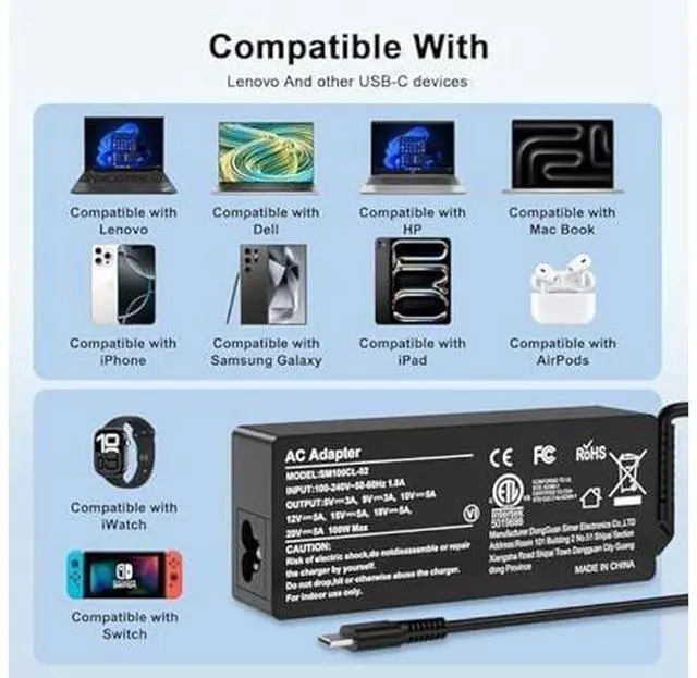 Alt view image 9 of 12 - 100W USB C Fast Charger Power Adapter Compatible with Lenovo Thinkpad,MacBook Pro/Air, iPad Pro,HP,Dell,Asus All USB-C Device