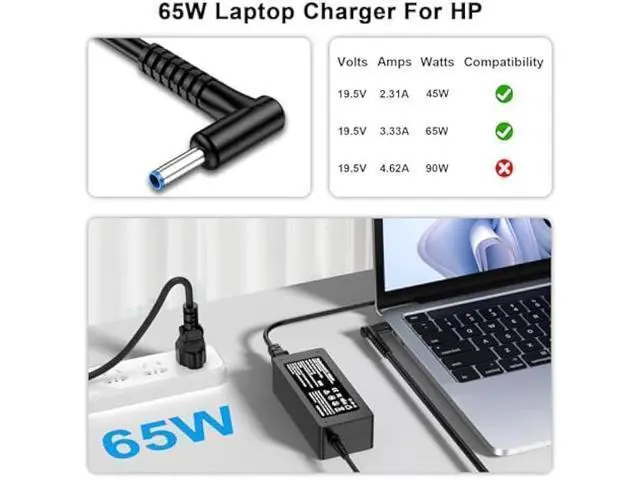 Alt view image 3 of 7 - Charger Compatible with HP Laptop Charger 65W 45W Computer Charger Smart Blue Tip Power Adapter 6FT AC Cord