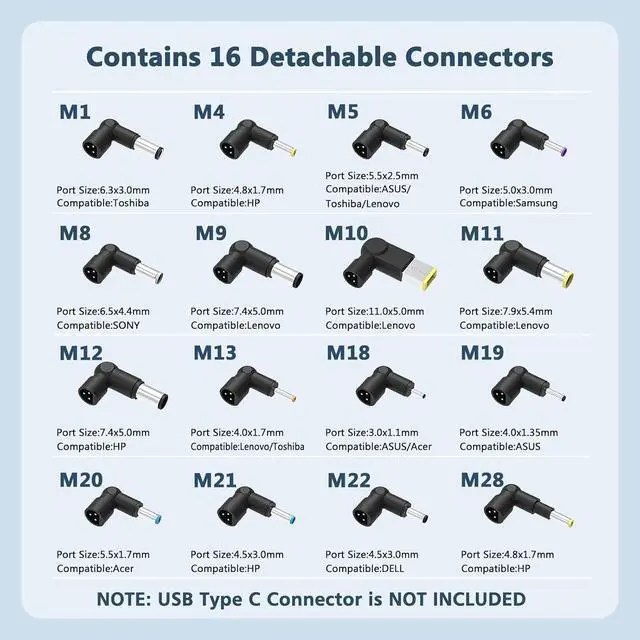 Alt view image 3 of 7 - 90W Universal AC Adapter Laptop Charger Compatible with HP Toshiba IBM Sony Fujitsu Gateway Notebook Ultrabook Chromebook Power Supply Cord with 16 Connectors