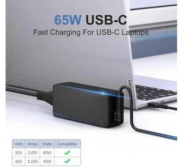 Alt view image 9 of 14 - 65W USB C Charger for Lenovo Thinkpad T480s T580s L580 L590 E580 E585, Chromebook 100e 300e 500e Replacement for 65W Lenovo Laptop Charger