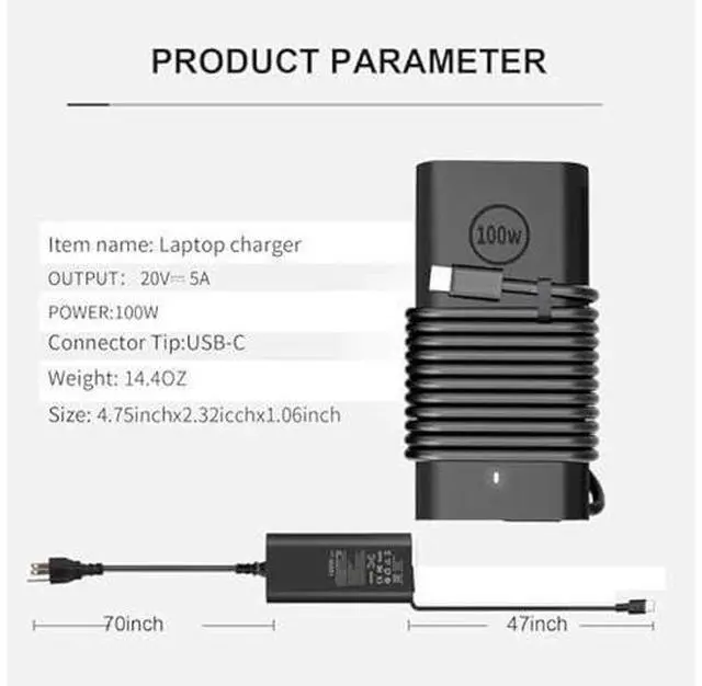 Alt view image 10 of 14 - New GAN Slim AC Adapter,100W USB C Laptop Charger for DELL Latitude 5540 5440 5340 7440 Inspiron 14 Power Cord,for Dell 100W Laptop Charger