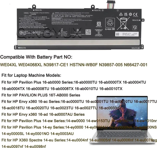 Alt view image 9 of 12 - HP Original WE04XL OEM HSTNN-WB0F Laptop Battery Compatible with HP Pavilion Plus 16-ab 16T-AB/Spectre x360 14-aa 14-EU 2-in-1 / Envy x360 16-ac 16-ad 2-in-1 Series Notebook