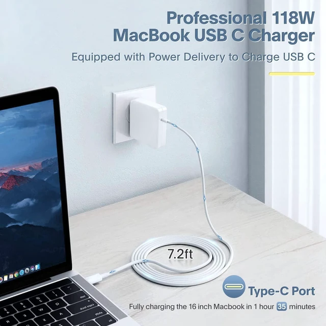 Alt view image 2 of 7 - Mac Book Pro Charger - 118W USB C Charger Power Adapter Compatible with USB C Port MacBook Pro & MacBook Air 13 14 15 16 inch New ipad Pro and All USB C Device 7.2ft USB-C to C Charge Cable