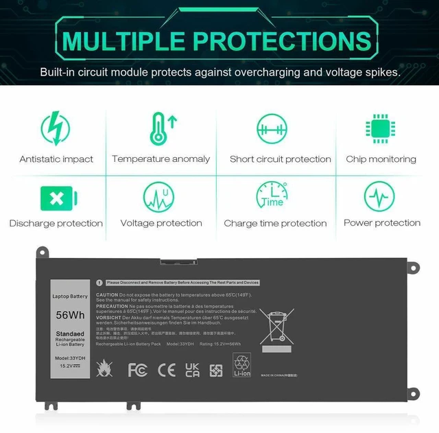 Alt view image 10 of 10 - 56Wh 33YDH Battery for Dell Latitude 13 3000 3380 3480 3400 3500 14 3490 15 3590 3580