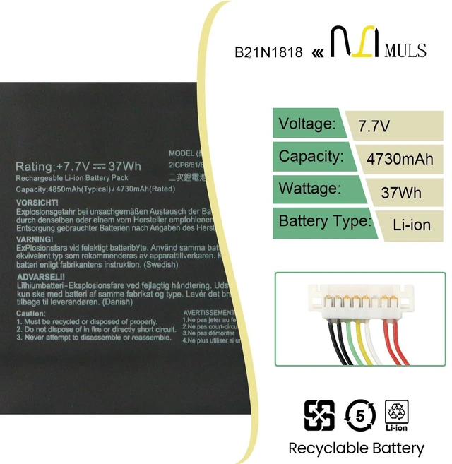 Alt view image 7 of 10 - 37Wh B21N1818 Laptop Battery Replacement for Asus Vivobook 17 X712 X712FA A712 D712 F712 K712 M710 M712 P1701 R710 R712 R754 S710 S712 Notebook Series 4370mAh