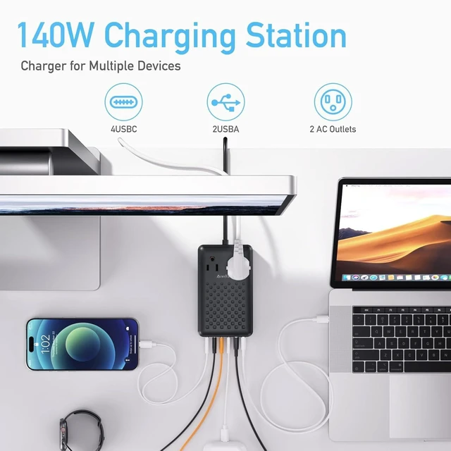 Alt view image 9 of 14 - Charging Station 140W USB C Charger Block Upgraded GaN III 8-in-1 Fast Charging Station HubPD 65W Laptop Charger Adapter Compatible with Compatible with MacBook Air/Pro iPhone16/15 Galaxy S24 etc