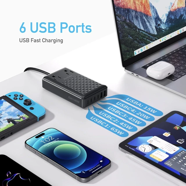 Alt view image 10 of 14 - Charging Station 140W USB C Charger Block Upgraded GaN III 8-in-1 Fast Charging Station HubPD 65W Laptop Charger Adapter Compatible with Compatible with MacBook Air/Pro iPhone16/15 Galaxy S24 etc
