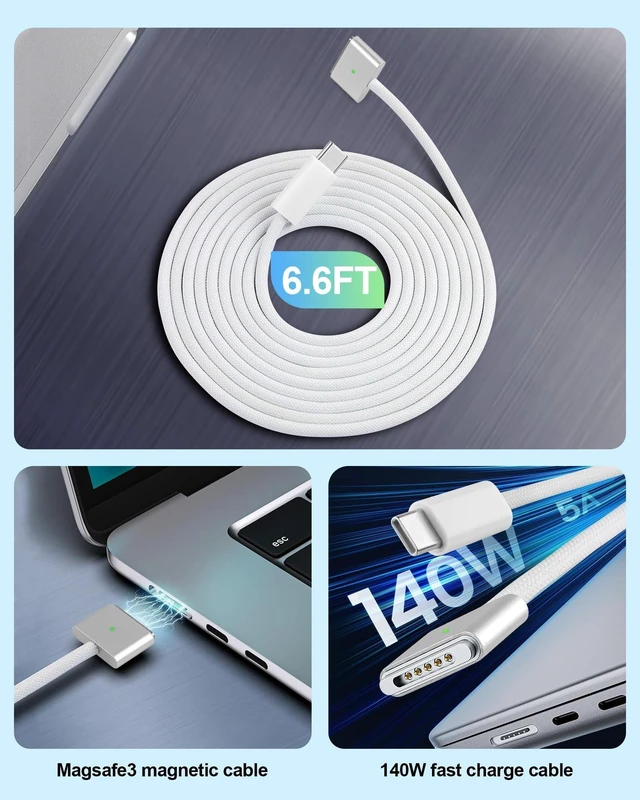 Alt view image 7 of 10 - RULGOI 140W USB-C to Magnetic 3 Charging Cable, Compatible with MacBook Air 2023/2022 (M2), MacBook Pro 2021-2023(M3,M2,M1, 14-16 inches) 6.6 feet
