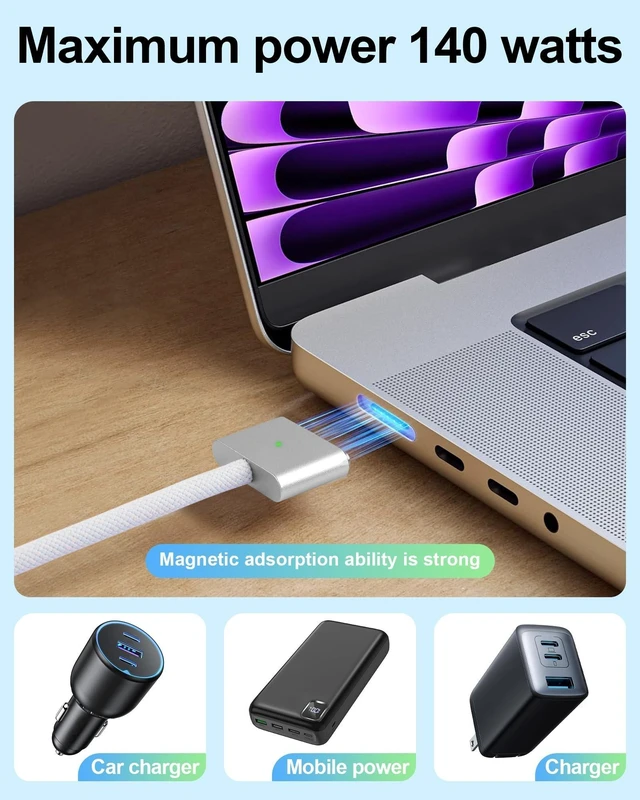 Alt view image 10 of 10 - RULGOI 140W USB-C to Magnetic 3 Charging Cable, Compatible with MacBook Air 2023/2022 (M2), MacBook Pro 2021-2023(M3,M2,M1, 14-16 inches) 6.6 feet