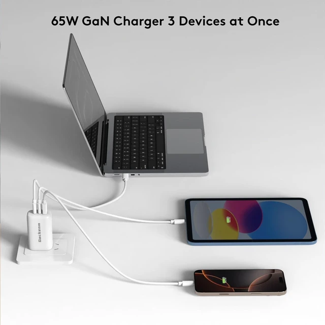 Alt view image 8 of 10 - Qackenm 65W USB C Charger Block, 3 Ports GaN USB C Wall Charger, Foldable Fast Charging for MacBook Pro/Air, Dell XPS, iPhone 17/16/15/14/13, iPad Pro/Air, Galaxy S24/S23, Pixel, Steam Deck (White)