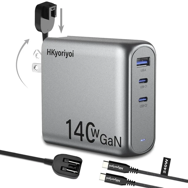 Alt view image 6 of 10 - 140W GaN+ USB C Charger 100W Laptop Fast Charger PD3.1 PPS 3-Port USB C Wall Charger Power Adapter for MacBook Pro 16'', Dell XPS, iPhone 16/15 Pro Max, iPad Pro, Tablet, Chromebook (Gray)