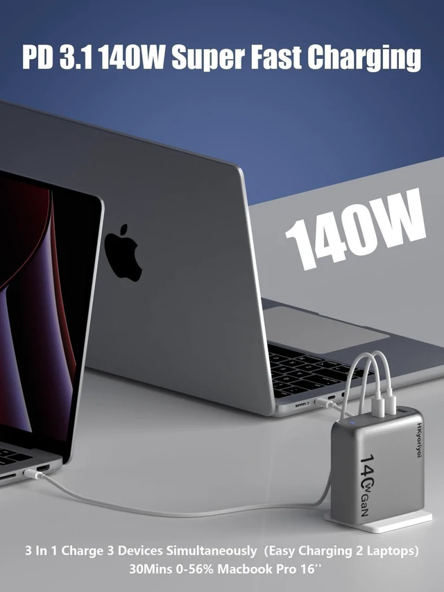 Alt view image 7 of 10 - 140W GaN+ USB C Charger 100W Laptop Fast Charger PD3.1 PPS 3-Port USB C Wall Charger Power Adapter for MacBook Pro 16'', Dell XPS, iPhone 16/15 Pro Max, iPad Pro, Tablet, Chromebook (Gray)