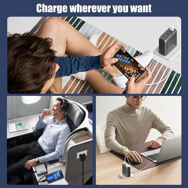 Alt view image 10 of 10 - 140W GaN+ USB C Charger 100W Laptop Fast Charger PD3.1 PPS 3-Port USB C Wall Charger Power Adapter for MacBook Pro 16'', Dell XPS, iPhone 16/15 Pro Max, iPad Pro, Tablet, Chromebook (Gray)