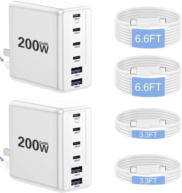 Alt view image 8 of 14 - 2 Pack 200W USB C Charger Laptop Fast Charger 6-Port Wall Charger Type C Charging Block Power Adapter for MacBook Pro XPS iPhone 17 iPad Tablet Chromebook and More (White)