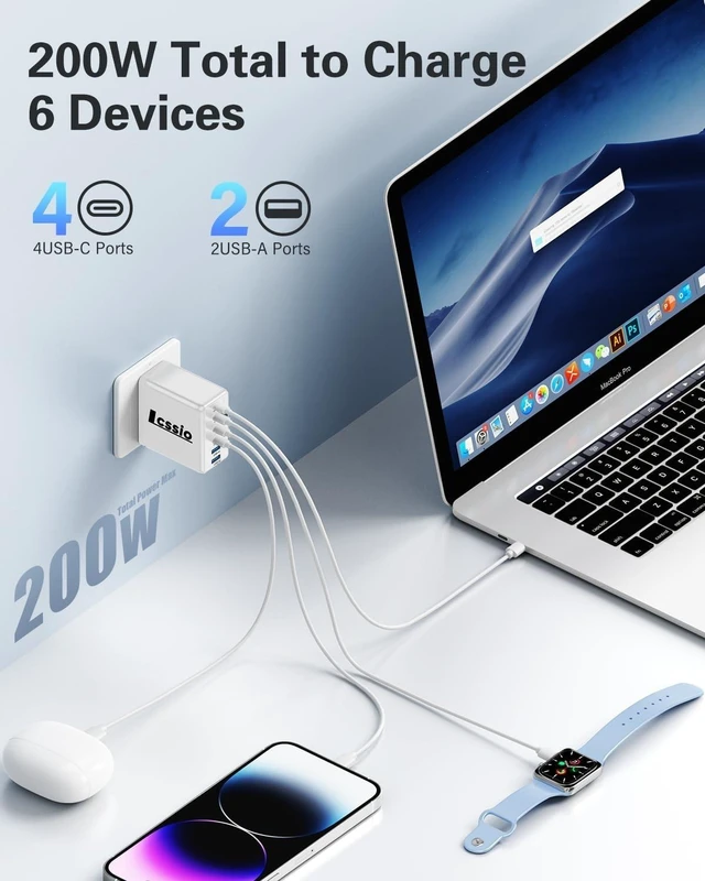Alt view image 9 of 14 - 2 Pack 200W USB C Charger Laptop Fast Charger 6-Port Wall Charger Type C Charging Block Power Adapter for MacBook Pro XPS iPhone 17 iPad Tablet Chromebook and More (White)