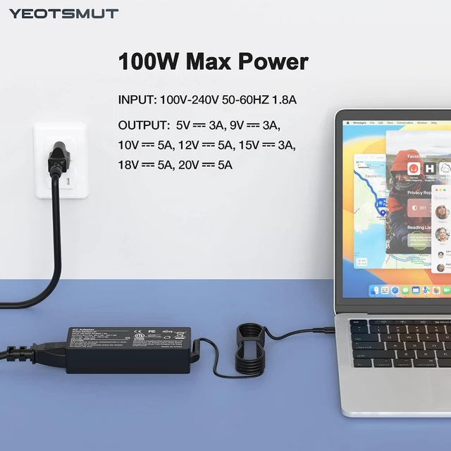 Alt view image 8 of 12 - 100W USB C Fast Charger Power Adapter Compatible with Lenovo Thinkpad,MacBook Pro/Air, iPad Pro,HP,Dell,Asus All USB-C Device