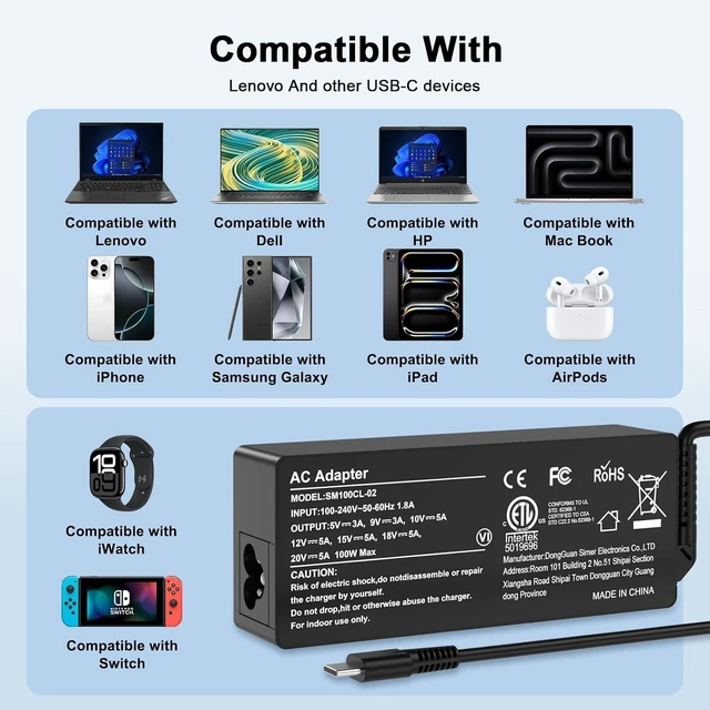 Alt view image 9 of 12 - 100W USB C Fast Charger Power Adapter Compatible with Lenovo Thinkpad,MacBook Pro/Air, iPad Pro,HP,Dell,Asus All USB-C Device