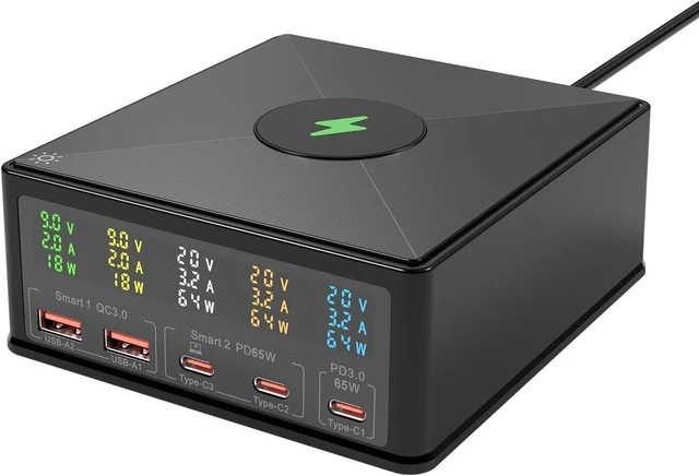 Alt view image 8 of 14 - USB Charger Station Multi Port: Desktop 160W Power Fast Charging Hub Wall Block PD 3.0 5 Ports with Wireless Pad & Digital Display