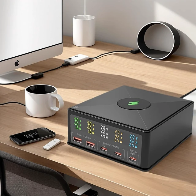 Alt view image 10 of 14 - USB Charger Station Multi Port: Desktop 160W Power Fast Charging Hub Wall Block PD 3.0 5 Ports with Wireless Pad & Digital Display