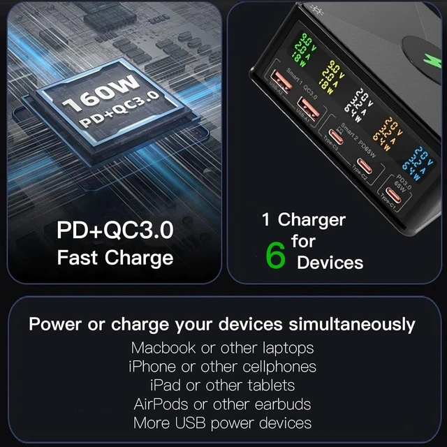 Alt view image 13 of 14 - USB Charger Station Multi Port: Desktop 160W Power Fast Charging Hub Wall Block PD 3.0 5 Ports with Wireless Pad & Digital Display