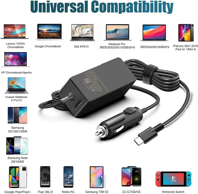 Alt view image 10 of 14 - 100W USB C Laptop Car Charger for Latitude/ XPS Thinkpad/Yoga/IdeaPad MacBook Pro/Air HP Spectre/Elitebook LG Gram Chromebook Charger